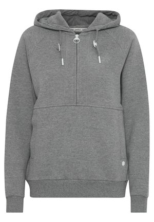 Hellegrauer Kapuzenpullover aus weichem Baumwollmix, mit einem Halbzip-Verschluss, Kängurutasche und gerippten Bündchen.