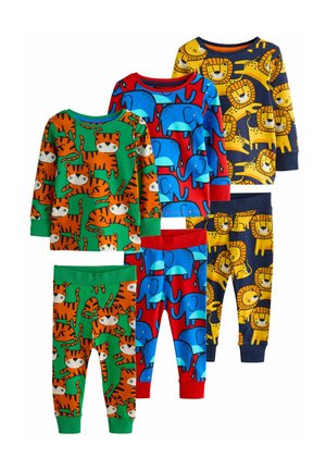 Children's pajamas set featuring four pairs. Materials: cotton. Colors: green with tigers, red with elephants, blue with colorful elephants, navy with lions. Patterns: playful animal designs.