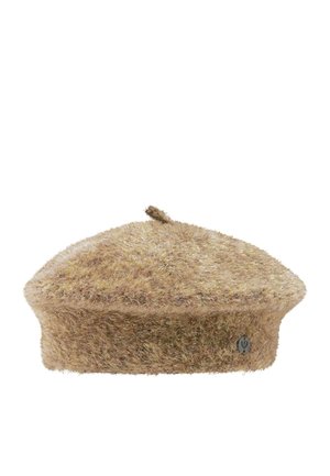 Soft fuzzy beige beret with a small top stem and a round metal logo on the side against a white background.