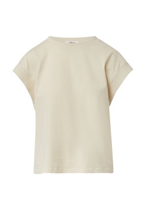 Cremefarbenes, kurzärmliges Baumwoll-T-Shirt mit Rundhalsausschnitt, umgeschlagenen Ärmeln und Rippenkragen.