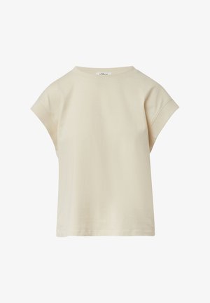 Cremefarbenes, kurzärmliges Baumwoll-T-Shirt mit Rundhalsausschnitt, umgeschlagenen Ärmeln und Rippenkragen.