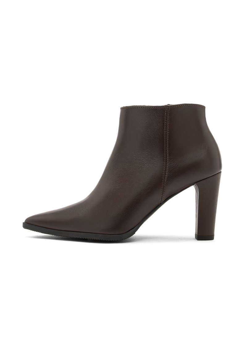 Brown leather ankle boots with a pointed toe and a high, square heel. Smooth texture with minimal stitching detail.