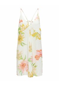 Robe d'été blanche sans manches avec fines bretelles, col en V, lien dans le dos et grands imprimés floraux pastel en jaune, rose et vert.