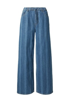 Blue denim wide-leg pants with vertical dark stripes, elastic waistband, front pockets, and a drawstring closure.