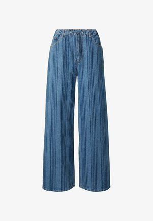 Blue denim wide-leg pants with vertical dark stripes, elastic waistband, front pockets, and a drawstring closure.