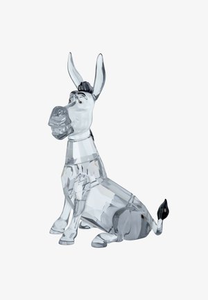 Figurine en cristal clair facetté représentant un âne assis avec une crinière noire, le bout de la queue, et des yeux et sourcils expressifs.