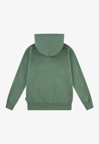 Felpa verde in misto cotone, con cappuccio regolabile tramite lacci, polsini e orlo a costine, e una texture liscia senza motivi o stampe.