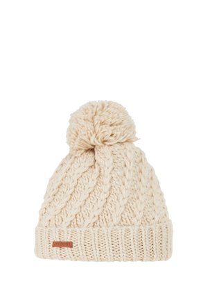 Knitted cream beanie hat with a textured cable pattern, featuring a pom-pom on top and a branded leather tag on the cuff.