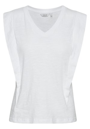 T-shirt blanc à col en V avec des manches courtes structurées, fabriqué en tissu doux et léger. Présente une coupe décontractée et une texture lisse.