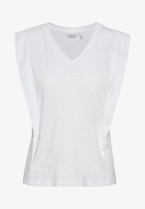 T-shirt blanc à col en V avec des manches courtes structurées, fabriqué en tissu doux et léger. Présente une coupe décontractée et une texture lisse.