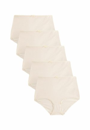 Beige katoenen high-waisted ondergoedset met vijf stukken. Elk stuk heeft een klein satijnen strikaccent bij de tailleband en een gladde textuur.