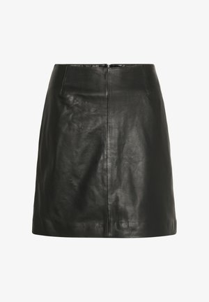 Black leather mini skirt with a smooth texture, featuring a back zipper, two front pockets, and a straight cut.