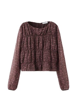 Blusa de manga larga y transparente con un corte holgado, que presenta un patrón abstracto en tonos marrón oscuro y rosa, y un escote redondo con cierre de botón en la parte trasera.