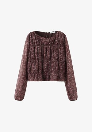 Przezroczysta bluzka z długim rękawem o luźnym kroju, z ciemnobrązowo-różowym abstrakcyjnym wzorem oraz okrągłym dekoltem i zapięciem na guzik z tyłu.