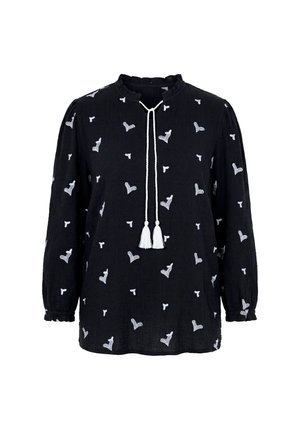 Sort bluse med lange ærmer med hvide broderede hjerte mønstre, flæset halsudskæring og manchetter samt hvid kvast snor ved kraven.