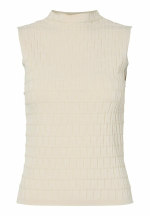 Besiūlis kreminės spalvos megztinis be rankovių su imitaciniu aukštu kaklu ir tekstūruotu stačiakampių raštu audinyje.