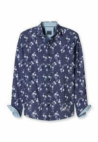 Marineblaue Langarmshirt mit weißem Blumenmuster, Button-Down-Kragen, zwei farbige Manschetten und einem Logo-Patch am Saum. Baumwollmischmaterial.