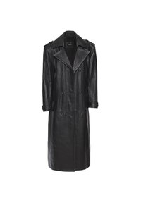 Fekete bőr trench coat, dupla záródású kialakítással, széles gallérral, hosszú ujjakra és vállpántokra. Simaság érzetű textúra, közepes hosszúságú sziluett.