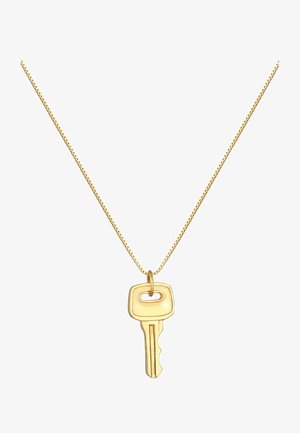 Guldvedhæng i form af en nøgle, med glatte overflader og et enkelt design, hængende på en tynd, delikat kæde.
