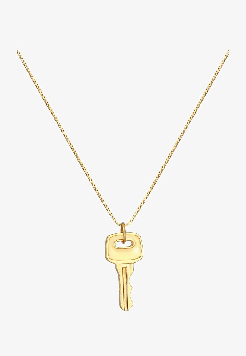 Guldhänge i form av en nyckel, med släta ytor och en enkel design, hängande på ett tunt, tunt kedja.