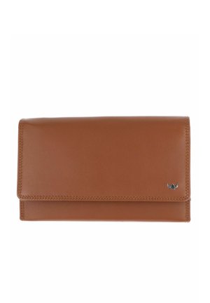 Braune Lederbrieftasche mit genähten Kanten und kleinem Metalllogo in der unteren rechten Ecke, mit einer Lasche verschlossen.