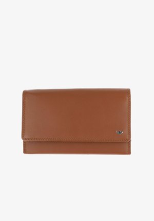 Braune Lederbrieftasche mit genähten Kanten und kleinem Metalllogo in der unteren rechten Ecke, mit einer Lasche verschlossen.