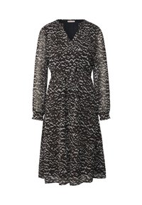 Robe midi à manches longues, noir et gris à motifs, avec un décolleté en V, une fermeture à boutons sur le devant et une ceinture nouée à la taille.