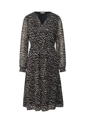 Robe midi à manches longues, noir et gris à motifs, avec un décolleté en V, une fermeture à boutons sur le devant et une ceinture nouée à la taille.