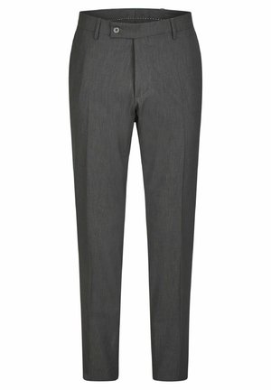 Graue Hosen mit einer strukturierten Stoffoberfläche, taillierter Passform, Fronttaschen und einem Knopfverschluss mit einem Standardbund.