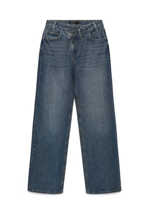 Jeans blu a gamba larga con cinque tasche e chiusura con bottone, realizzati in tessuto denim leggermente slavato.
