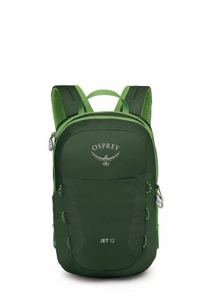 Groene rugzak met een slank design, gemaakt van duurzaam materiaal, met een opvallend logo, ritscompartimenten en zijzakken voor spullen.