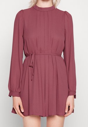 Frau trägt ein langärmeliges, hochgeschlossenes, malvenfarbenes Kleid mit Taillengürtel und plissiertem Rock, steht vor einem einfarbigen hellen Hintergrund.