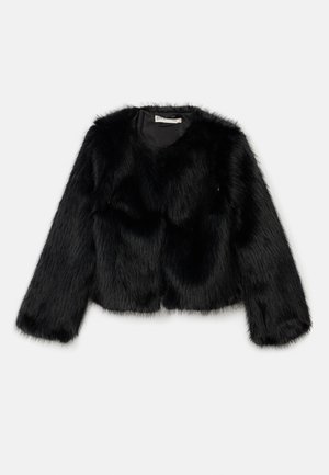 Black faux fur cropped jacket with long sleeves and a rounded neckline. The texture is thick and fluffy, highlighting a luxurious appearance.