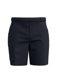 Donkerblauwe cargoshorts van een gladde stof, met elastische tailleband, voorzakken en een zij-vak. Bevat een subtiele logo-accent.