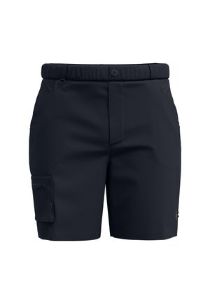 Dark navy cargo shorts with a smooth fabric, elastic waistband, front pockets, and a side cargo pocket. Features a subtle logo accent.