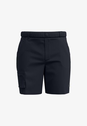 Mørk navy cargo shorts med glat stof, elastisk talje, forlommer og en sidelomme. Har en diskret logoaccent.