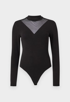 Schwarzer Langarm-Bodysuit mit hohem Kragen und transparenter Netz-V-Panel, das auf der Brust mit kleinen Funkeln verziert ist.