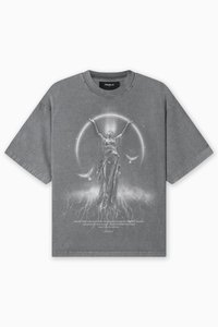 Gray oversized t-shirt made of cotton. Features a graphic print of a figure with raised hands, surrounded by a circular design and text.