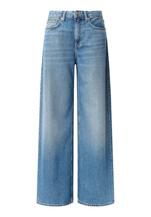Weite Jeans aus blauem Denim mit einer hellen Waschung, hoher Taille, Fronttaschen und einem subtilen Verblassungseffekt entlang der Beine. Mit einem Knopfverschluss abgeschlossen.