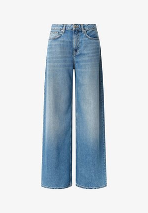 Weite Jeans aus blauem Denim mit einer hellen Waschung, hoher Taille, Fronttaschen und einem subtilen Verblassungseffekt entlang der Beine. Mit einem Knopfverschluss abgeschlossen.