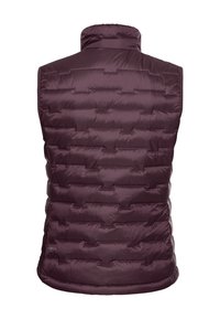 Paarse gewatteerde mouwloze puffer vest met hoge kraag, horizontaal gestikt patroon en Pertex stoflabel aan de linkeronderkant.