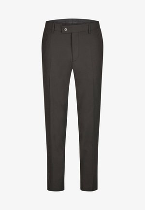 Dunkelbraune maßgeschneiderte Hosen mit flachem Bund, zwei seitlichen Taschen und einer hinteren Tasche. Verfügt über Gürtelschlaufen und einen Knopfverschluss.