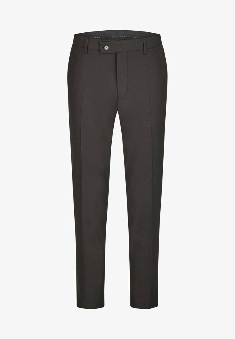 Dunkelbraune maßgeschneiderte Hosen mit flachem Bund, zwei seitlichen Taschen und einer hinteren Tasche. Verfügt über Gürtelschlaufen und einen Knopfverschluss.