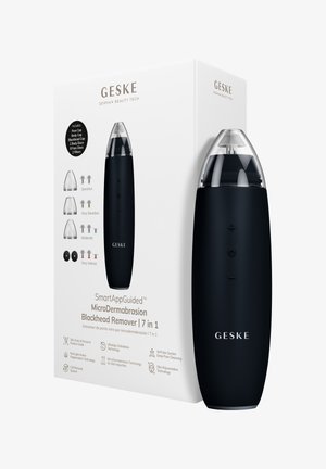 Appareil GESKE pour éliminer les points noirs avec embout transparent et commandes, présenté avec un emballage détaillant les bouchons, disques et caractéristiques de traitement de la peau.