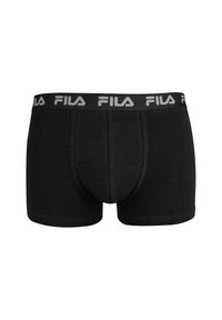 Boxer aderenti in cotone nero con cinturino elastico grigio riportante il logo "FILA", progettati per una vestibilità aderente e una superficie liscia.