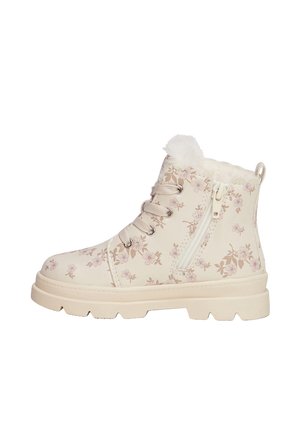 Cremefarbener Knöchelstiefel mit hellrosa Blumenmuster, Schnürung vorne, seitlichem Reißverschluss und flauschigem weißem Innenfutter.