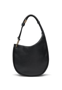 Czarna skórzana torba na ramię w zaokrąglonym kształcie, o teksturowanej powierzchni i pojedynczym regulowanym pasku. Posiada złotą okleinę metalową.