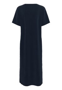 Abito blu navy, a maniche corte, lungo fino al ginocchio, con una vestibilità rilassata e scollatura rotonda, realizzato in un tessuto morbido con una texture liscia.