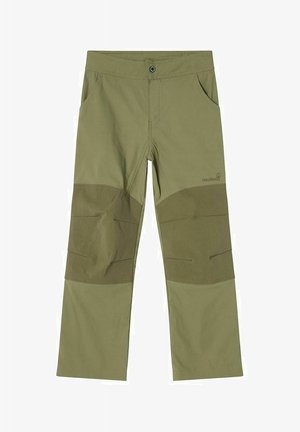 Olivengrønne udendørs bukser med forstærkede knælapper, forlommer, knaplukning og diskret mærkelogo på højre lår.