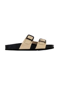 Sandali in stile Birkenstock con due cinturini regolabili in crema e marrone scuro, dotati di suola in sughero e materiale superiore liscio.